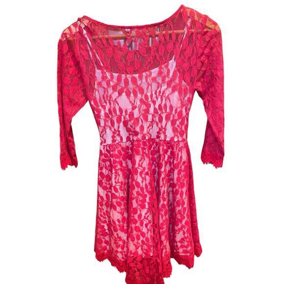 Free People FP Women 2 Floral Mesh Lace Mini Dress Red Lace Overlay 3/4 Sleeves - Picture 13 of 14